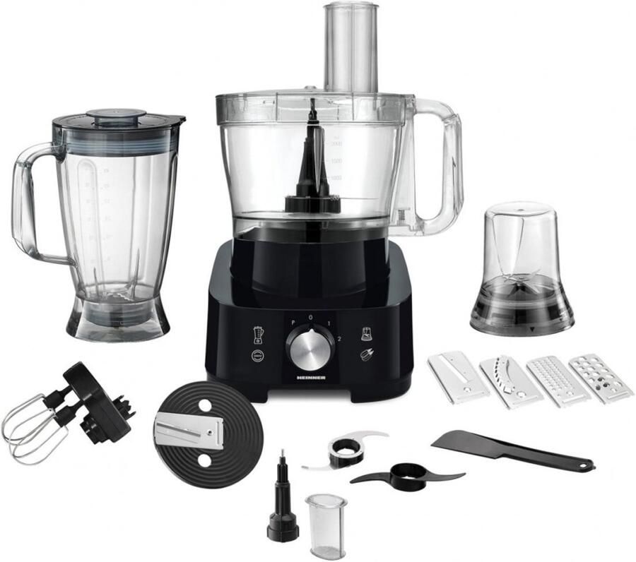 Heinner Multifunctionele Foodprocessor – 1000 W – Mengkom 3 5 L – Blender 1 8 L – 2 Snelheden en Pulsstand – Hak- Kneed- Snij- Rasp- Klop- en Maalfunctie – Zwart