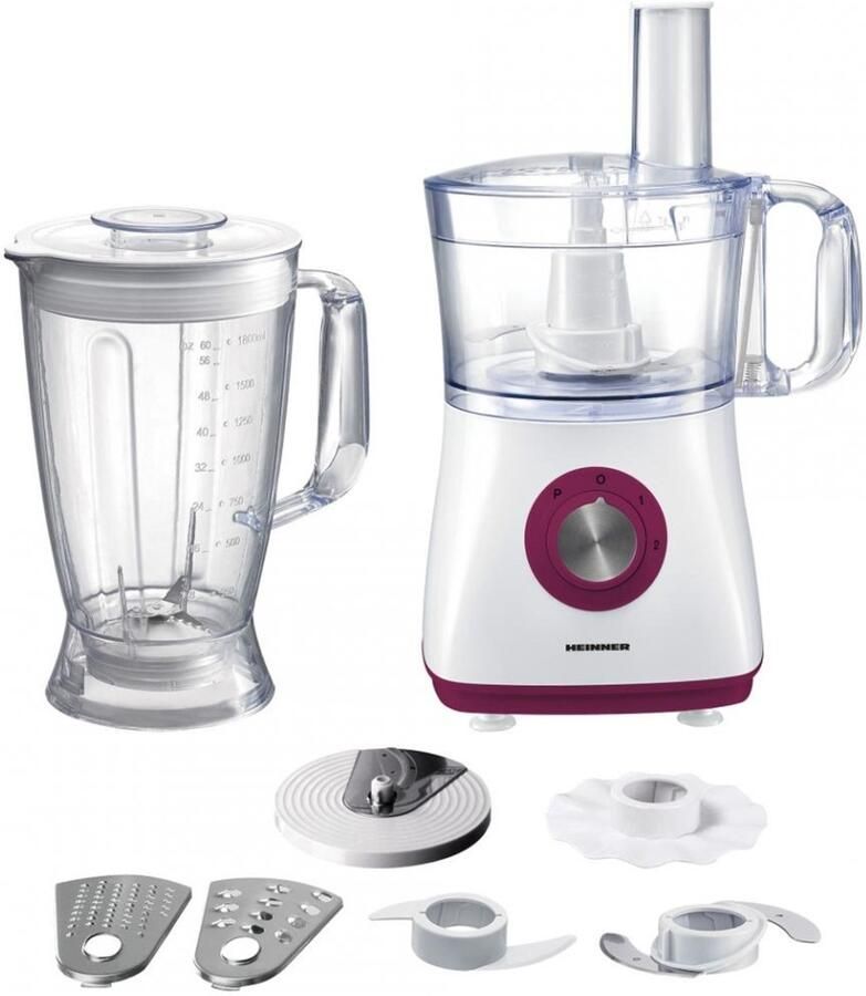 Heinner Multifunctionele Foodprocessor – 750 W – Mengkom 1 2 L – Blender 1 8 L – 2 Snelheden en Pulsstand – Hakken Kneden Snijden Raspen en Emulgeren – Wit Bordeauxrood