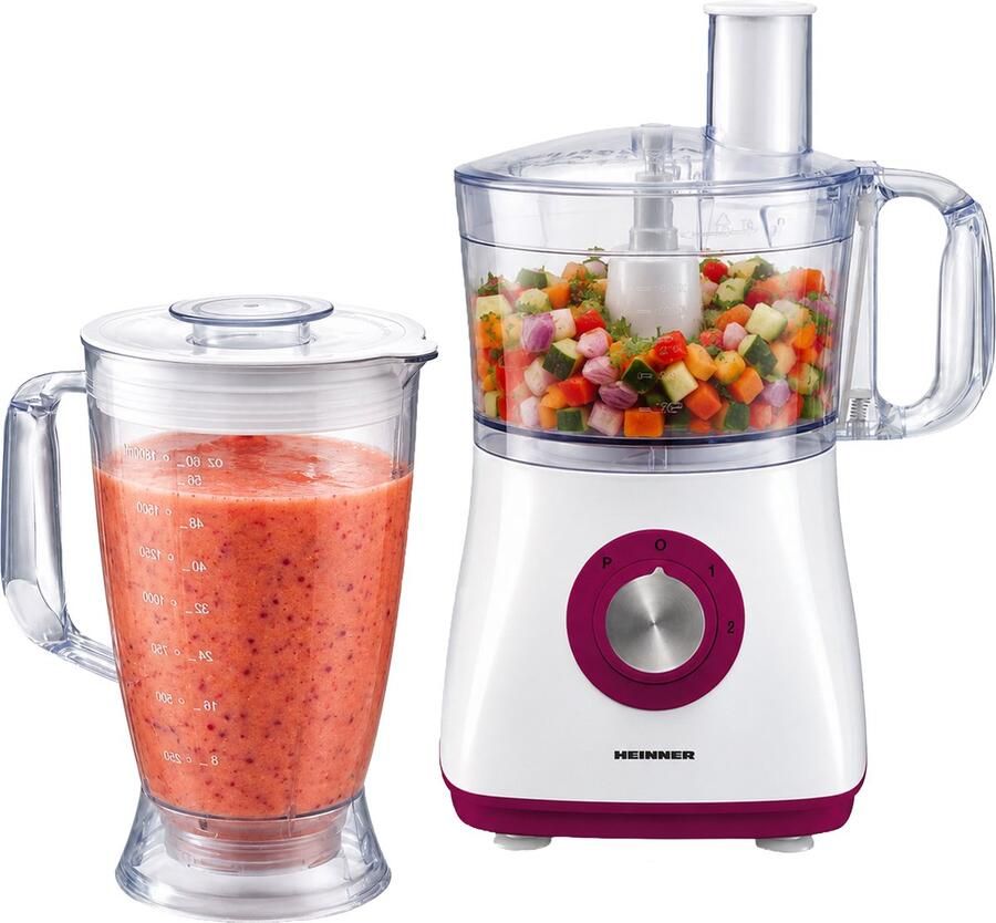 Heinner Multifunctionele Foodprocessor – 750 W – Mengkom 1 2 L – Blender 1 8 L – 2 Snelheden en Pulsstand – Hakken Kneden Snijden Raspen en Emulgeren – Wit Bordeauxrood