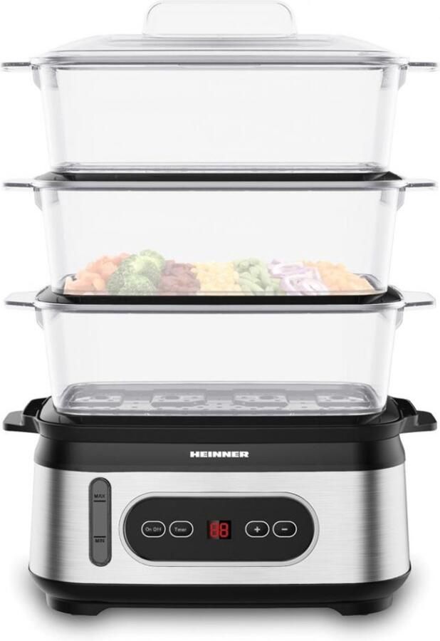 Heinner OneSteam Stoomkoker 9 L – 3 BPA-vrije Stoommanden – LED-display – 60 min Timer – 800–950 W – 1 5 L Waterreservoir – Droogkookbeveiliging – RVS Zwart