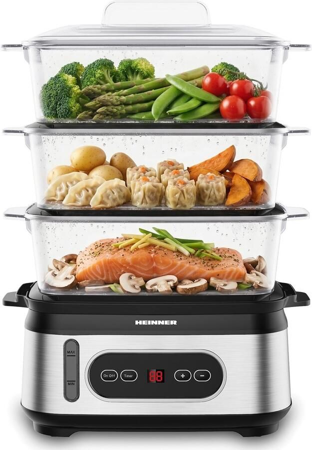 Heinner OneSteam Stoomkoker 9 L – 3 BPA-vrije Stoommanden – LED-display – 60 min Timer – 800–950 W – 1 5 L Waterreservoir – Droogkookbeveiliging – RVS Zwart