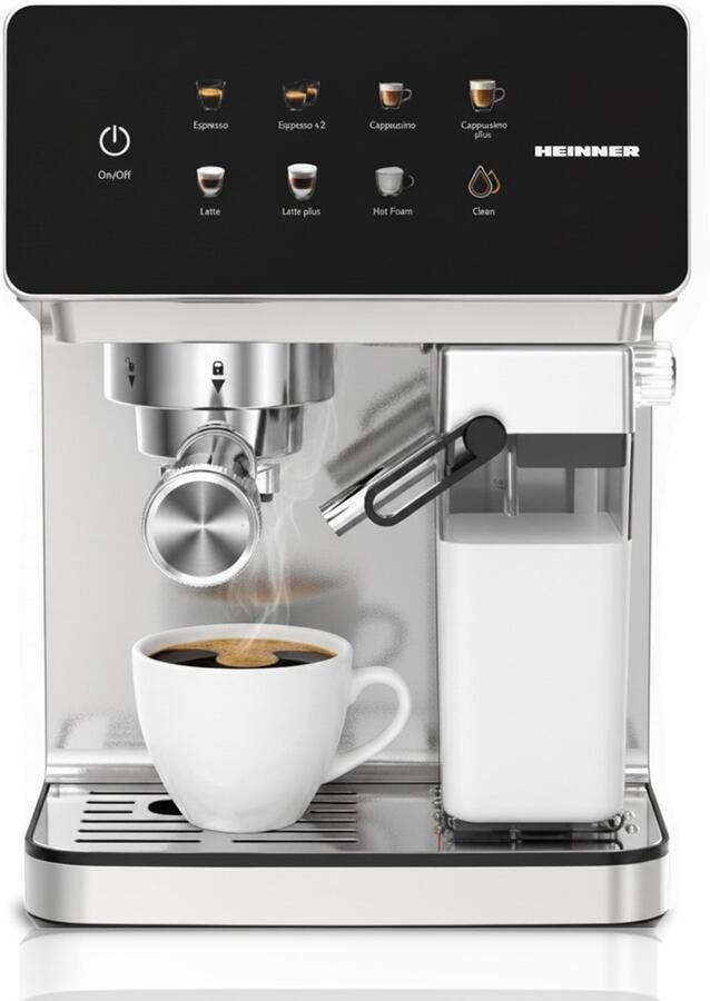 Heinner HEM–LK20DMLK – Creamy Blend Espressomachine – 1350 W – Touch Control – Digitaal display – 20 Bar & ULKA-pomp – Watertank 1 6 L en melkreservoir 0 5 L – Zilver Zwart