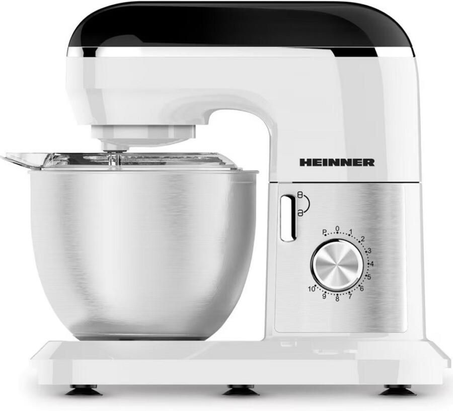 Heinner Planetaire Keukenmachine – 1000 W – RVS Mengkom 5 L – 10 Snelheden + Pulsstand – Garde Deeghaak en Menghaak – Transparant Spatdeksel – Wit