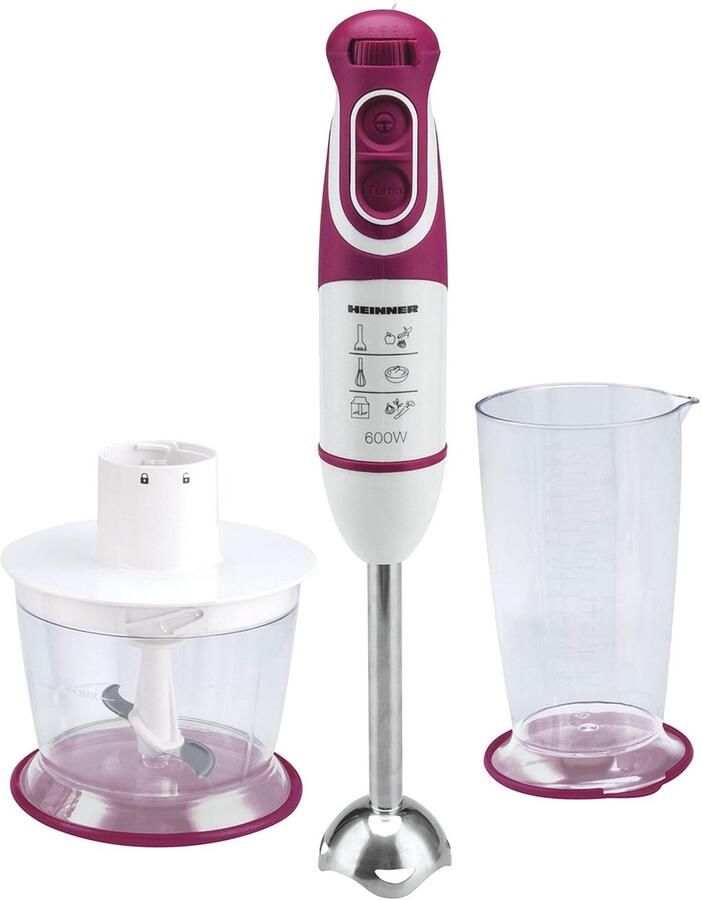 Heinner Staafmixer Set – 600W – 5 Snelheden – Turbo Functie – 700 ml Maatbeker – 500 ml Hakmolen – Garde – RVS Staaf – Wit Bordeauxrood