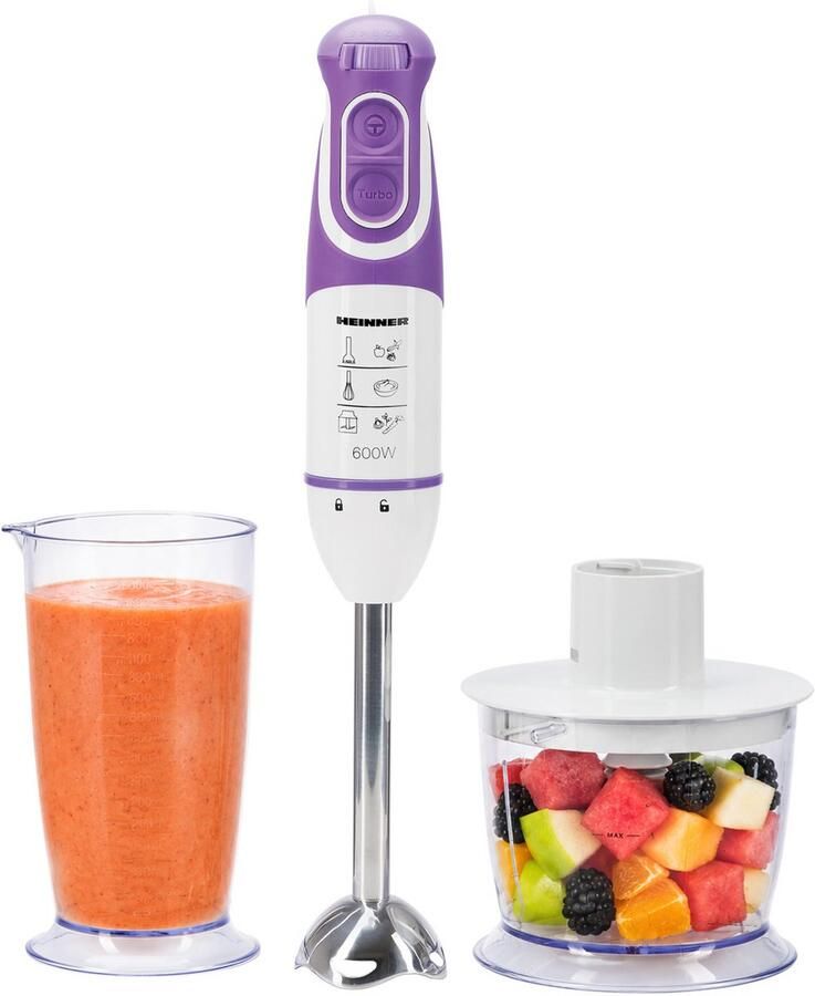 Heinner Staafmixer Set – 600W – 5 Snelheden – Turbo Functie – 700 ml Maatbeker – Hakmolen – Garde – RVS Staaf – Wit Violet