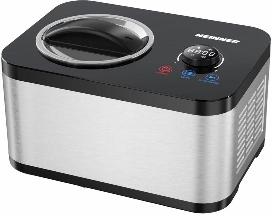 Heinner SweetFreeze IJsmachine – 120 W – 1 5 L – Ingebouwde Compressor – LED-display – Touchbediening & Draaiknop – IJs- Yoghurt- Meng- & Koelfunctie – Uitneembare IJskom – Zwart RVS