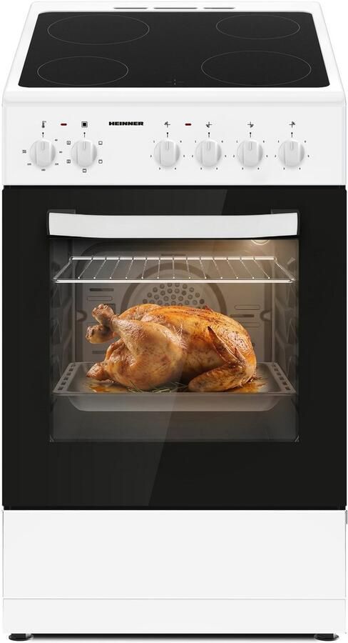 Heinner Vrijstaand Elektrisch Fornuis 50 cm – 4 Kookzones – Keramische Kookplaat – Elektrische Oven met Grill & Ventilatie – Energieklasse A – Wit – 5 Jaar Garantie