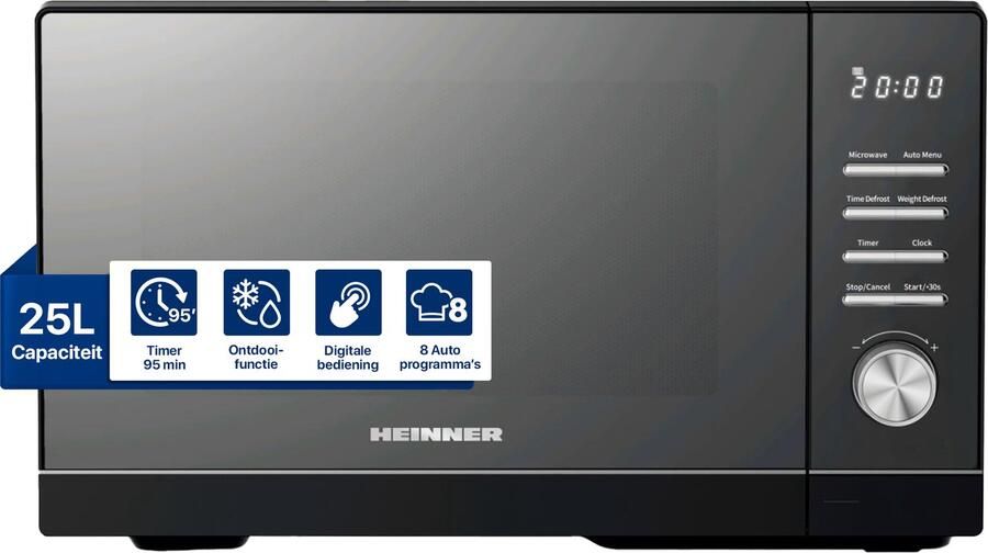 Heinner HMW-MD25DMRBK Vrijstaand Magnetron 25L – 800 W – 5 Vermogensniveaus – 8 Automatische Programma s – Ontdooifunctie – Timer – Spiegelglas – Zwart