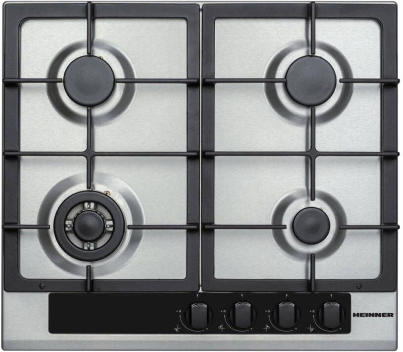 Heinner HBH-V4IWFFCIX Inbouw Gaskookplaat – 58 cm – 4 Branders – Wok – Elektronische Ontsteking – Veiligheidsbeveiliging – 5 Jaar Garantie – Zilver