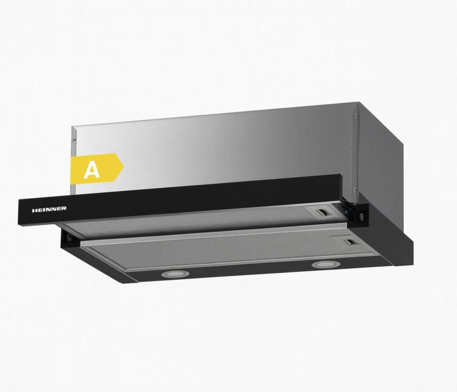 Heinner HTCH-F660GBK – Inbouw Afzuigkap – 60 cm – 611 7 m³ u –Telescopisch – LED-verlichting – Energieklasse A – Aluminium Vetfilter – Zwart Glas