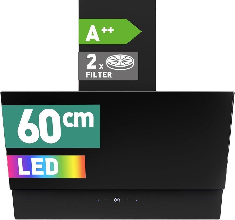 Heinrich's HDU7624 Afzuigkap 60cm zwart 560m3 Sfeerverlichting Schuine afzuigkap met koolstoffilters A++