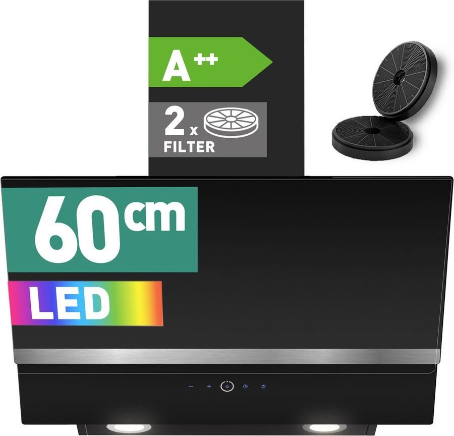 Heinrich's HDU7624 IX Afzuigkap 60cm zwart RVS 560m3 Sfeerverlichting Schuine afzuigkap met koolstoffilters A++