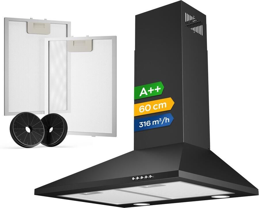 Heinrich's Heinrich s HDU 7627 60cm Afzuigkap zwart inclusief set koolstoffilters – 316m3 energieklasse A++