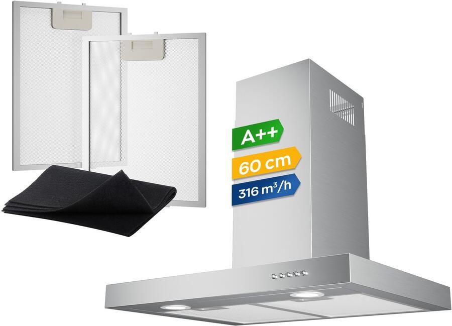 Heinrich's Heinrich s HDU 7629 IX 60cm Afzuigkap RVS inclusief set koolstoffilters – 330m3 energieklasse A++