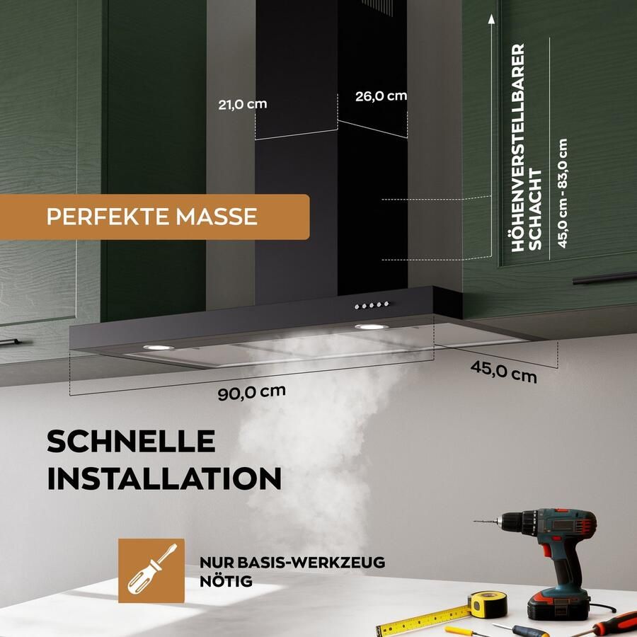Heinrich's Heinrich s HDU 7630 SW 90cm Afzuigkap Zwart inclusief set koolstoffilters – 330m3 energieklasse A++