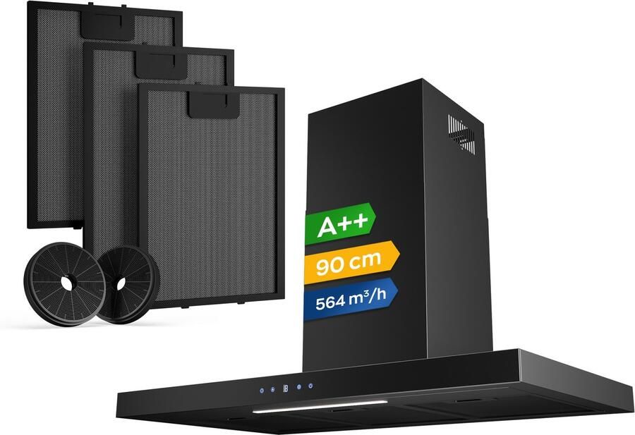 Heinrich's Heinrich s HDU 7632 SW 90cm Afzuigkap zwart inclusief set koolstoffilters – 610m3 energieklasse A++