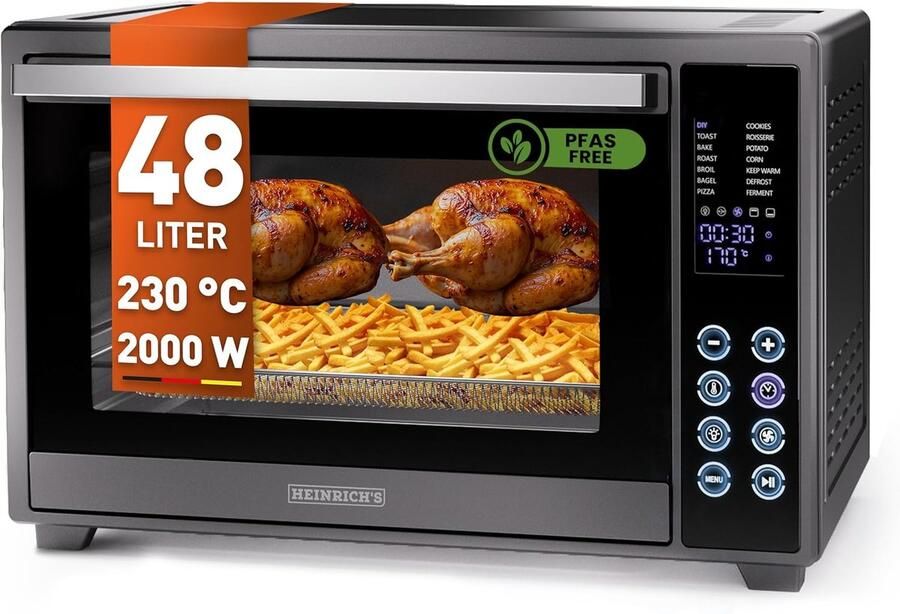 Heinrich's Heinrich´s HMO 8406 Mini-oven met hete lucht 48L – met touch-bediening kleine oven met draaispit airfryer-inzetstuk – binnenverlichting 2000W