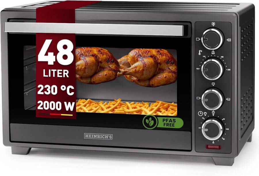 Heinrich's Heinrich´s HMO 8405 Mini-oven met hete lucht 48L – kleine oven met draaispit airfryer-inzetstuk – binnenverlichting 2000W