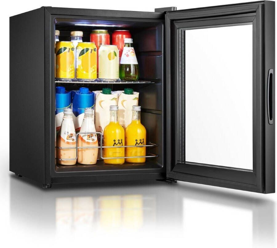 Heinrich's HKG3142 mini koelkast met glazen deur zwart 42 liter glasdeur doorzichtige deur barkoelkast vitrinekoelkast bierkoelkast kleine koelkast minibar modern voor eten en drinken drankenkoelkast energielabel E 43 decibel