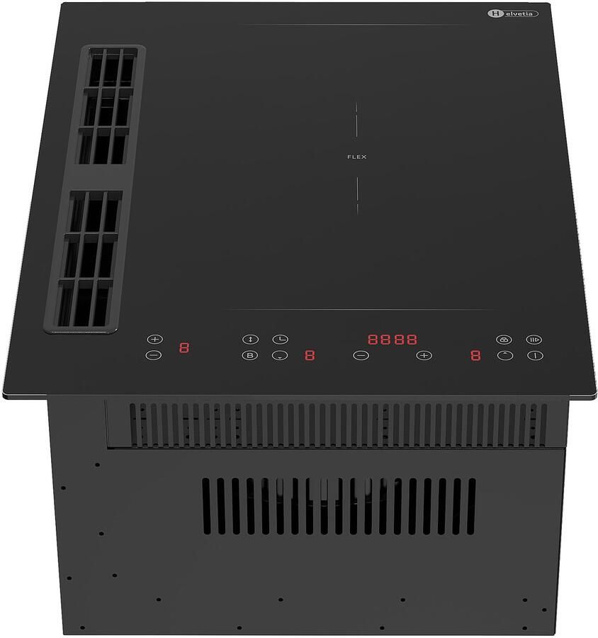 Helvetia HTHR2I34B2V1 Inbouw Inductiekookplaat met geïntegreerde afzuiging 450 m³ u – 2 zones met bridge – 38 cm – 3400W – Compact – Energieklasse A