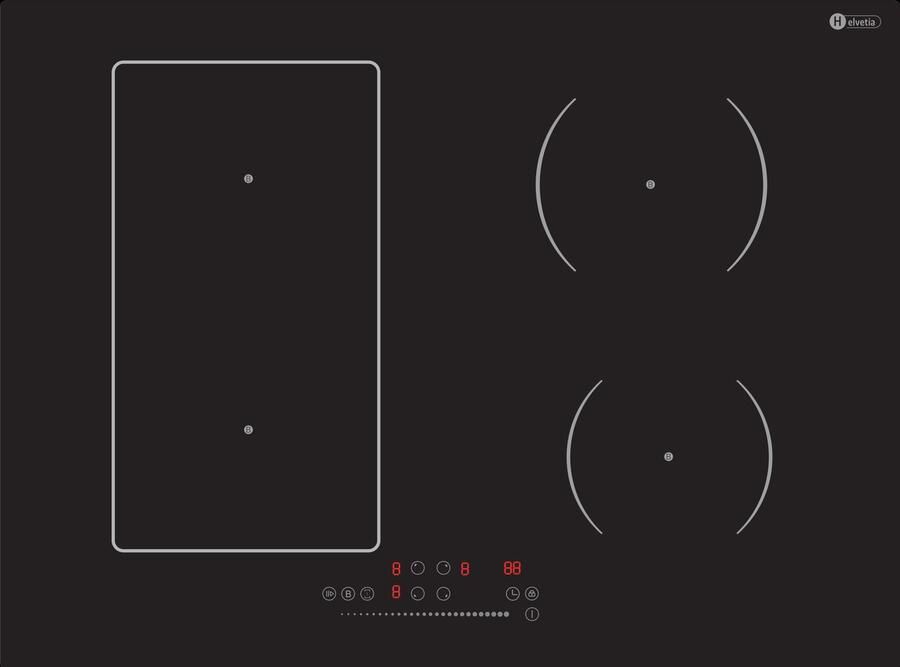 Helvetia HTR4I72B4V7 Inductiekookplaat 70 cm – Standaard inbouwmaat 56x49 4 Zones met Booster – Bridge Functie – Slider Touch Bediening – 7200W – Inbouw Inductie Kookplaat – Zwart Glas