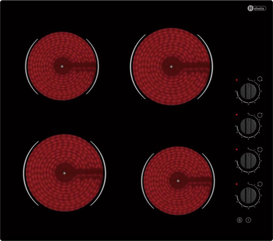 Helvetia Keramische Inbouwkookplaat HTR4MV60V2 met aangesloten 1 Fasekabel draaiknop bediening