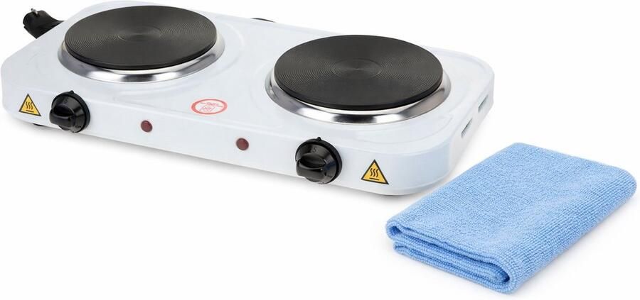 HEM Elektrische Camping Kookplaat Dubbel 2x1000W – 2 Pits Vrijstaand Wit – Met Thermostaat – Voor Camper & Caravan – Inclusief Microvezel Schoonmaakdoek - Foto 2