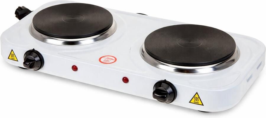 HEM Elektrische Camping Kookplaat Dubbel 2x1000W – 2 Pits Vrijstaand Wit – Met Thermostaat – Voor Camper & Caravan – Inclusief Microvezel Schoonmaakdoek