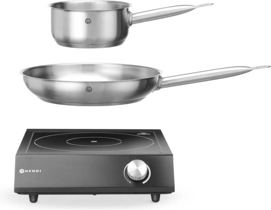 HENDI Complete inductiekookplaat set – 3500W – inclusief steelpan en koekenpan – zwart – 31 vermogensniveaus