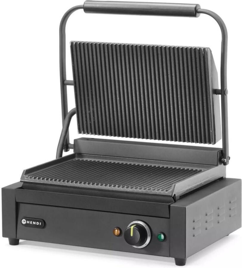HENDI contactgrill roestvast staal en geemailleerde gietijzeren platen 34x23 4 cm geribbeld zilver voor brood vlees en groenten
