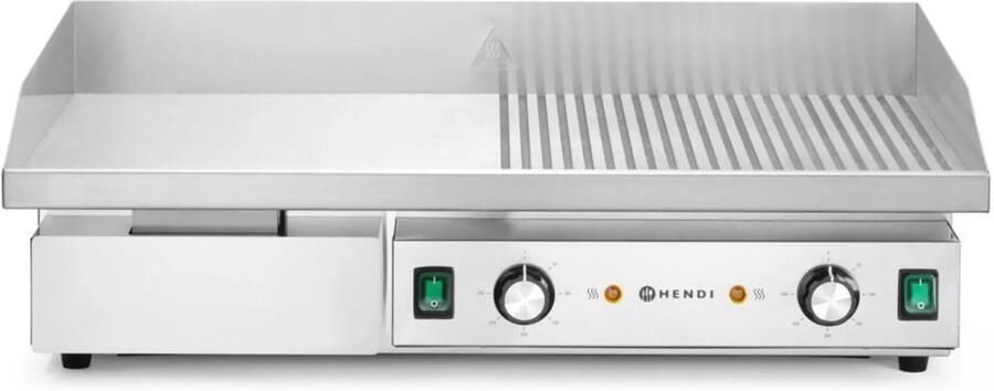 HENDI Elektrische bakplaat half vlak half geribbeld plaat gehard staal 10 mm 720x460x241 mm rvs zilver 2 zones spatranden en vetlade horeca