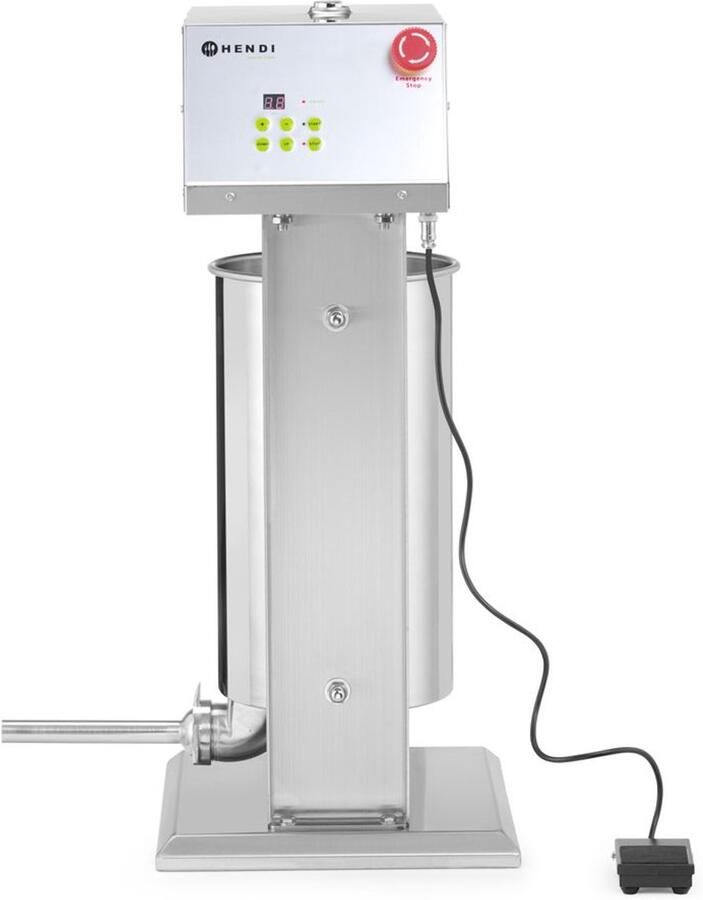 HENDI elektrische worstvuller roestvast staal voetpedaal verticaal 15 liter 45x35x75 cm zilver 4 vulbuizen 16 22 32 38 mm slagerij en horeca