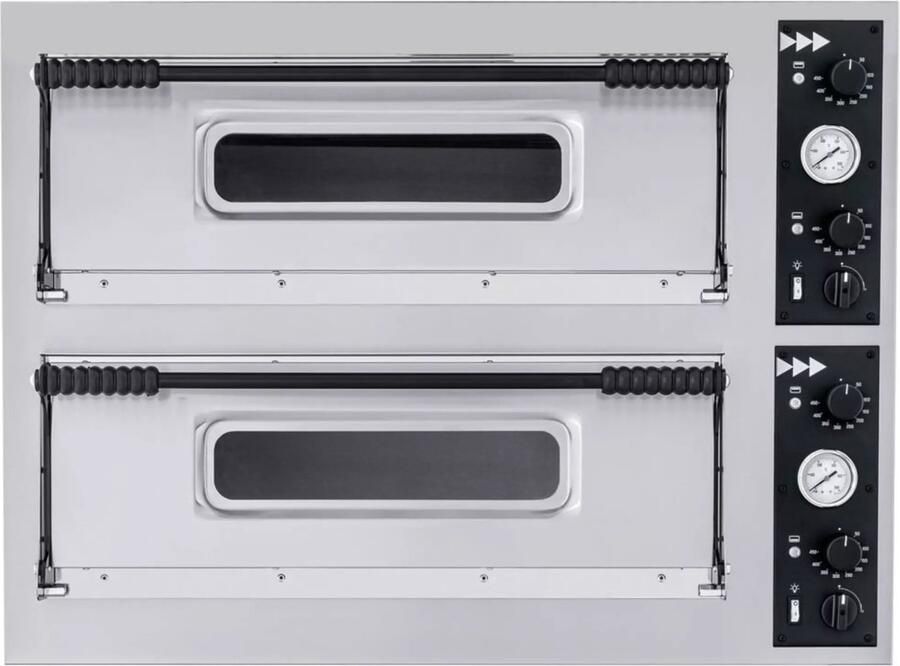 HENDI pizzaoven roestvast staal en staal dubbele kamer met vuurvaste stenen en aparte thermostaten 100x84 4xH74 5 cm zilver voor pizzabakken in de horeca