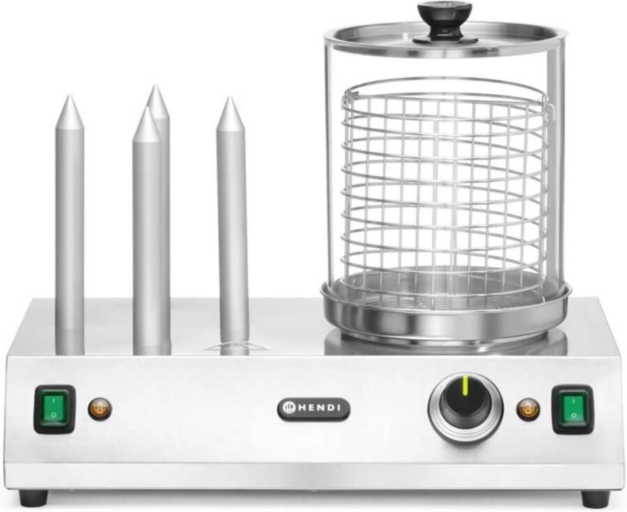HENDI Worsten- en broodjesverwarmer roestvast staal en glas glazen cilinder 4 verwarmingsstaven 50x31x39 5 cm zilver en transparant voor worstjes tot 24 cm