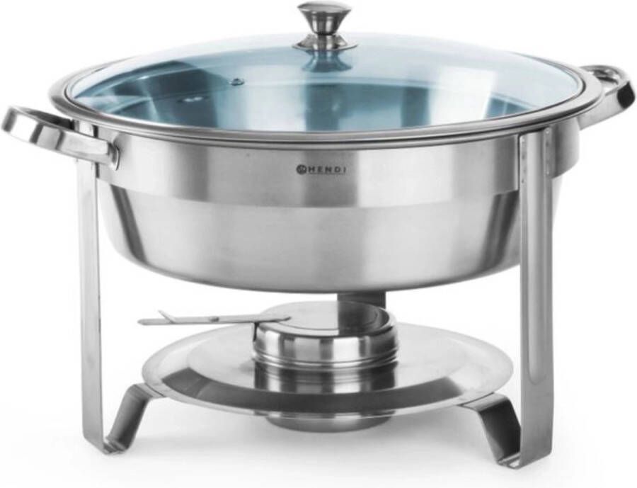 HENDI Ronde chafing dish – glazen deksel – 3 5L – inclusief brandpastahouder – roestvast staal