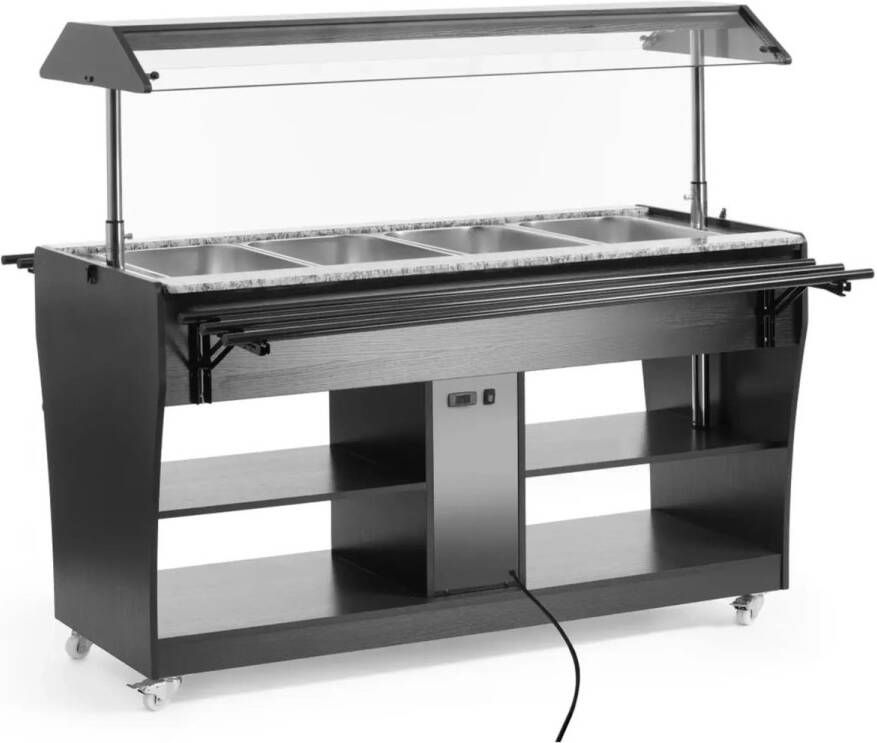 HENDI Warm buffetdisplay – 4 GN containers – Zwenkwielen – Verlichting – Zwart & RVS