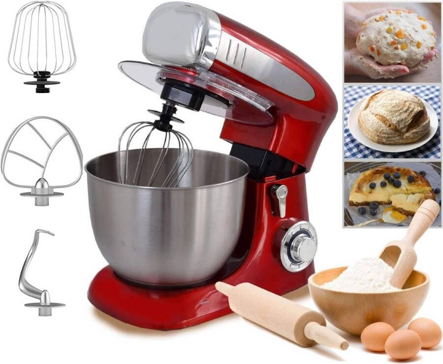 Herenthal Keukenmachine Keukenmixer 1900W Foodprocessor met 7 Snelheidsstanden + LED incl. Garde Kneedhaak Mengarm Pannenlikker met spatscherm & RVS mengkom van 6.5 liter Rood - Foto 1