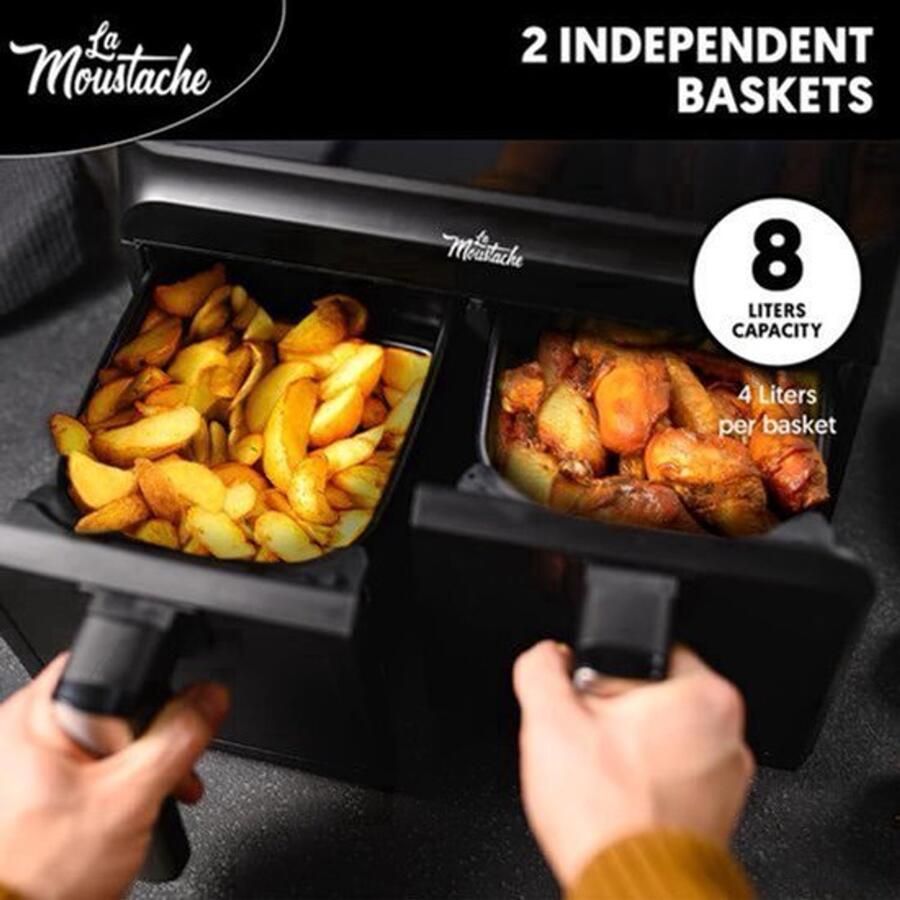Heteluchtfriteuse 8L 2 Onafhankelijke Manden 1700 W Vermogen Roestvrij Staal Zwart Digitale Timer Olievrij Frituren