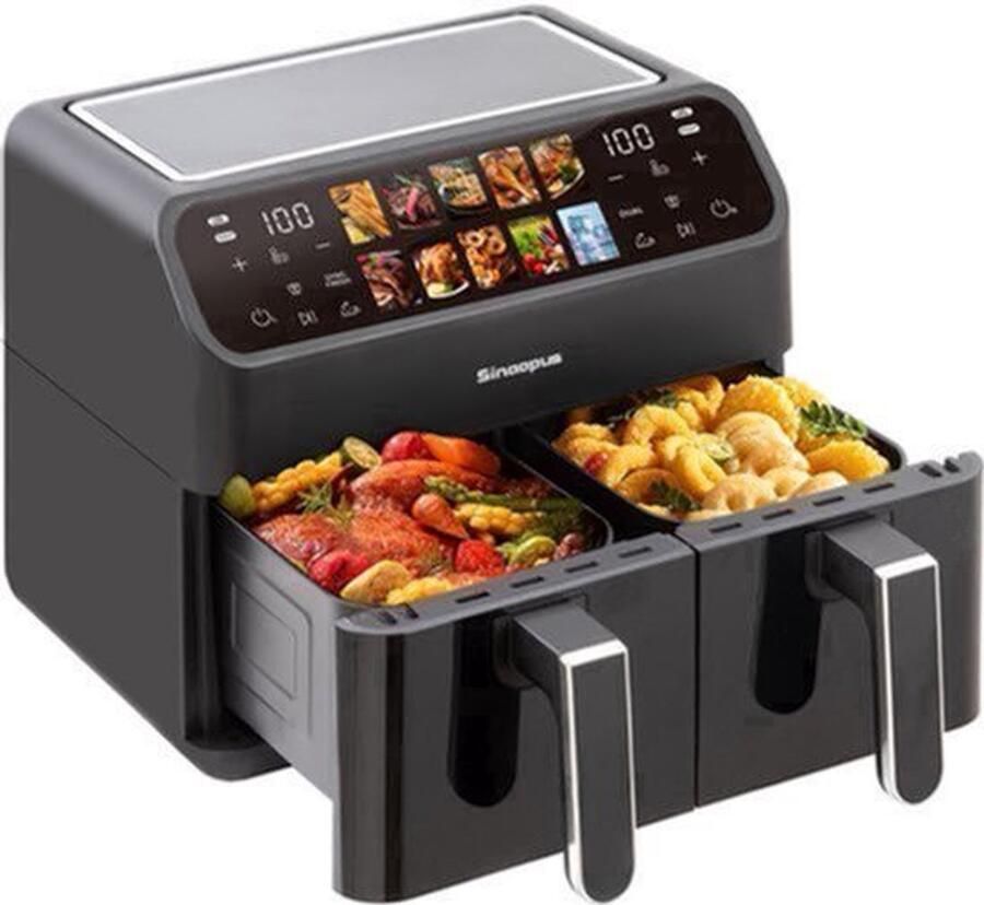 Heteluchtfriteuse 9 Liter 10-in-1 Multifunctioneel Elektrisch Olieloze Kookoven Gezinsformaat Dubbele Mand Aanraakbediening