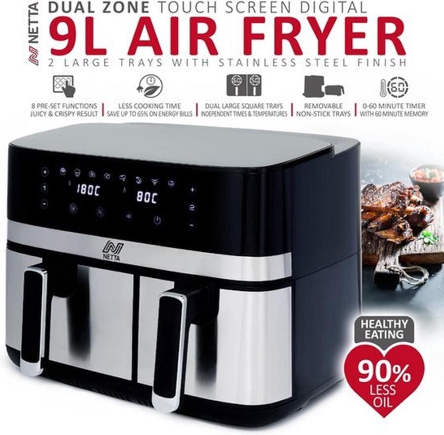Heteluchtfriteuse 9L Dubbele Mand Lade 2700 W Vermogen Kunststof Zwart Digitale Airfryer