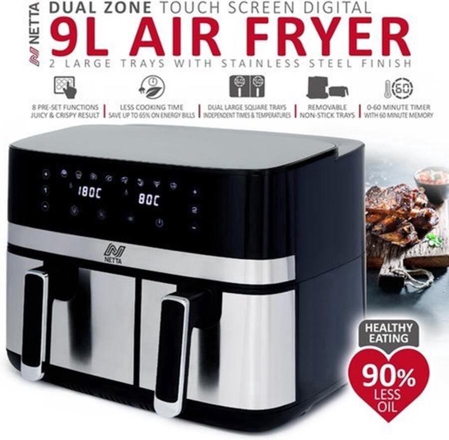 Heteluchtfriteuse 9L Dubbele Mand Lade 2700 W Vermogen Kunststof Zwart Digitale Airfryer