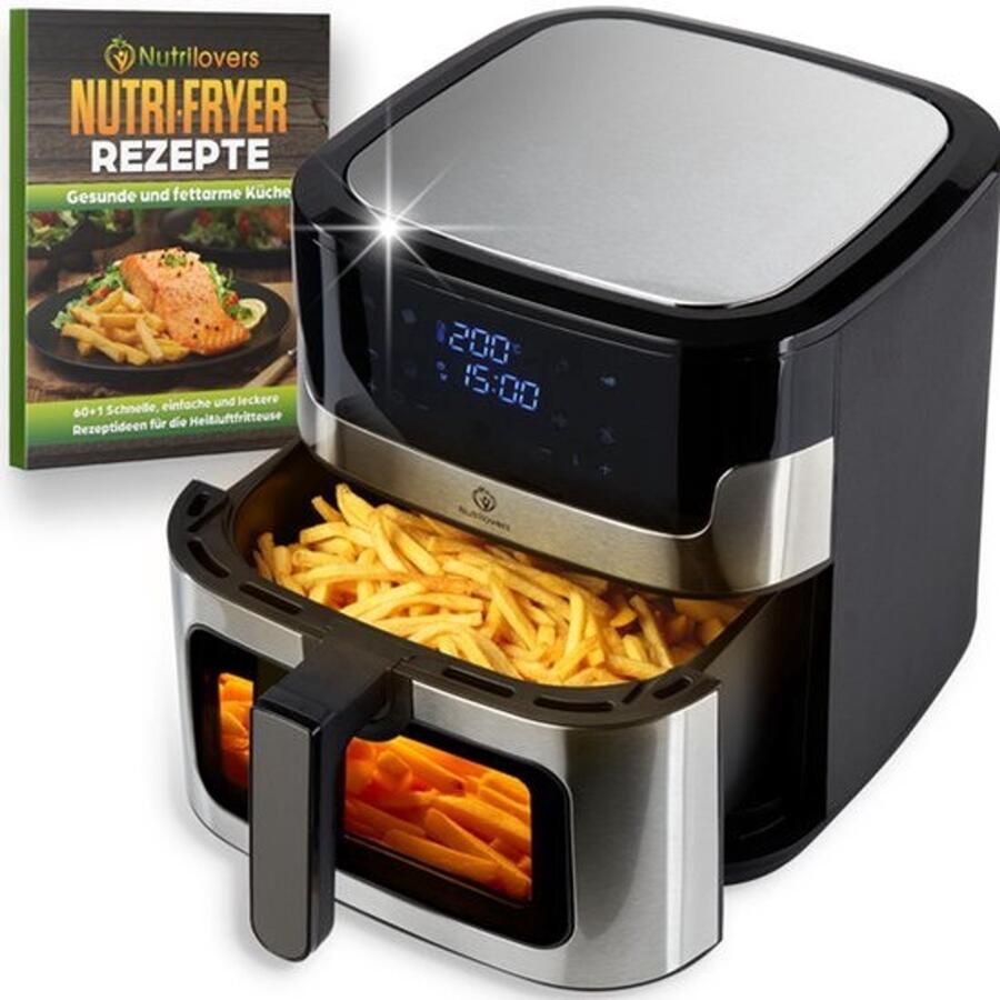Heteluchtfriteuse RVS XXL 8L 2000W Airfryer roestvrij staal met LED Touch Display Double Heating technologie kijkvenster vetarme frietfriteuse zonder olie incl. recepten