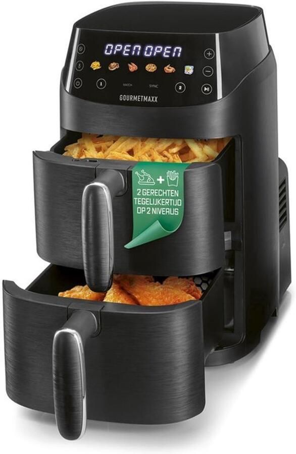 Heteluchtfriteuse Verticale Dubbele Kamer 5 Liter Inhoud 2000 Watt Vermogen Zwart Voor 2 Personen