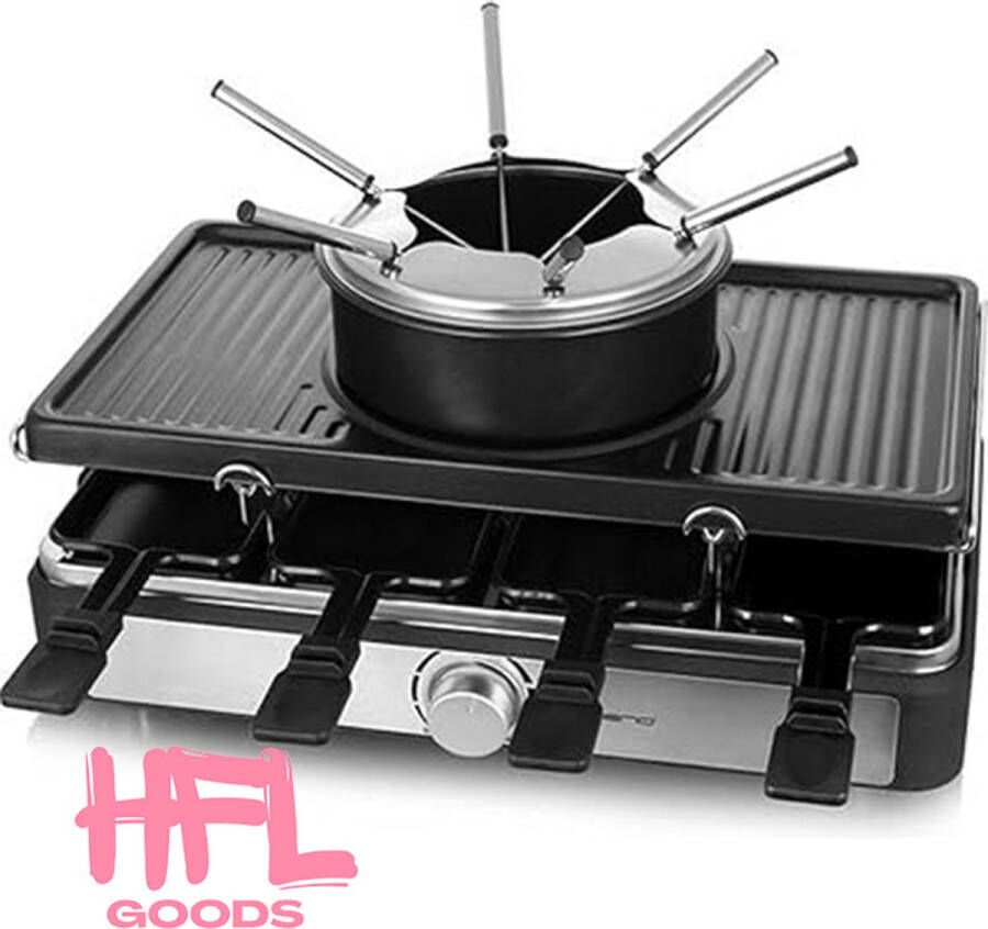 HFL Goods 3 In 1 Racelette Grill en Kaas Fondue Multifunctioneel Gourmetstel Kaas Fondue Raclettegrill 1400 W 8 Persoons