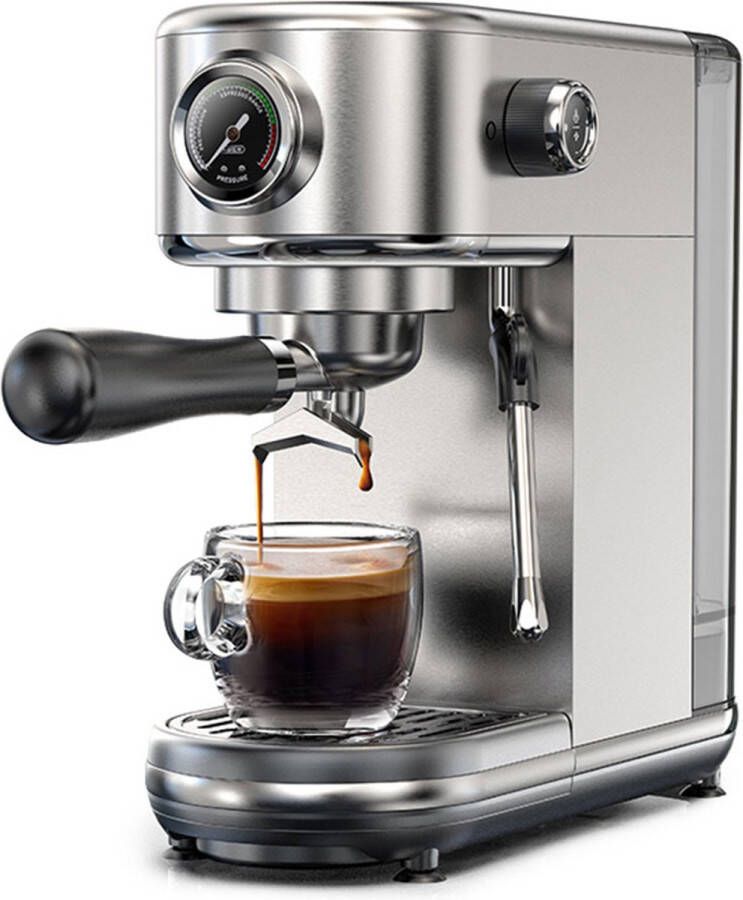 HiBrew H10B espressomachine 20 bar extractiedruk halfautomatisch instelbare temperatuur en kopjesvolume 51 mm aluminium handgreep 1 3 liter verwijderbaar waterreservoir zilver EU-stekker
