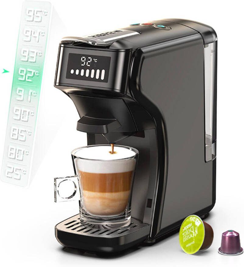 HiBrew H1B 6-in-1 Pods Koffiezetapparaat 600ml Waterreservoir 19 Bar Drukafzuiging Koud Warm-modus LED-indicator voor Kcup* Nes* DG* Espresso Poeder Zwart EU-stekker