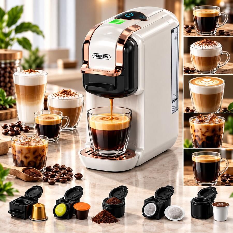 HiBrew 5-in-1 Espresso Machine – Koffiezetapparaat voor Nespresso Dolce Gusto K-Cup ESE & Gemalen Koffie – Hot & Cold – Wit Rosegoud