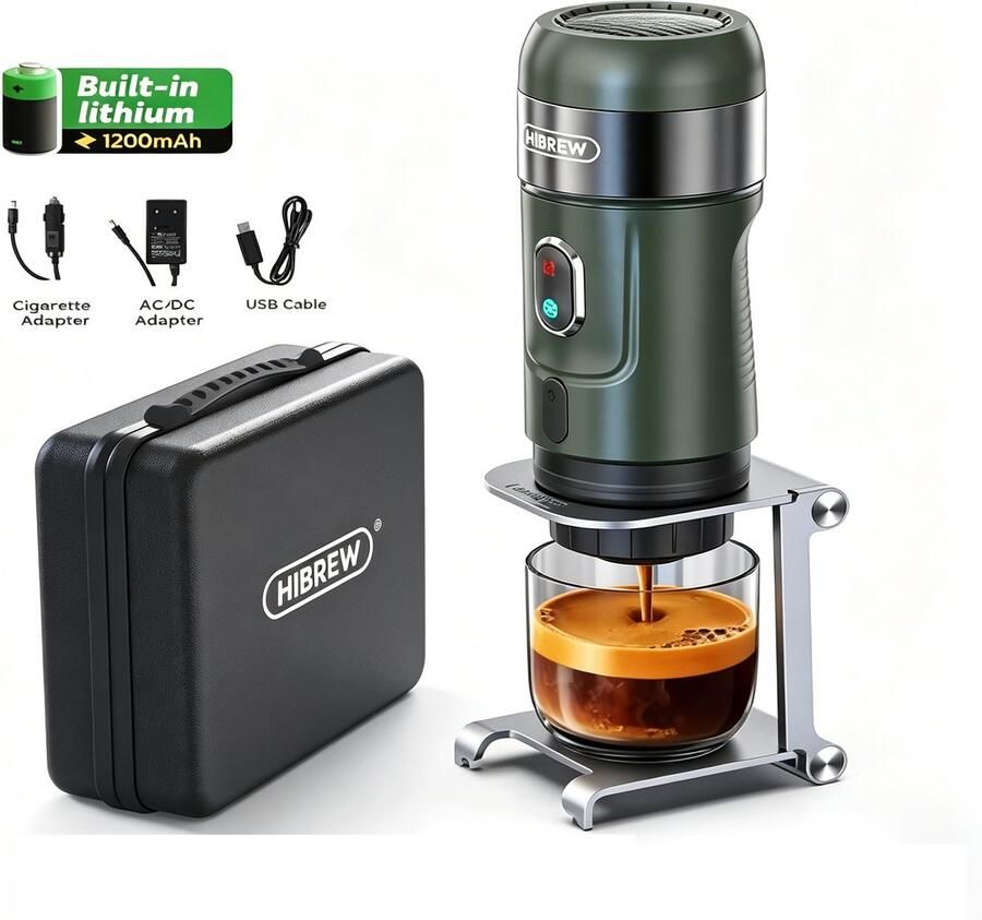 HiBrew Draagbaar Koffieapparaat voor Onderweg Inclusief Tas Digitale Display 60ml 12 Volt Espresso Nespresso Dolce Gusto Capsule Koffie Gemalen Koffie Cups Oplaadbaar Draagbare Koffiemachine – Donkergroen
