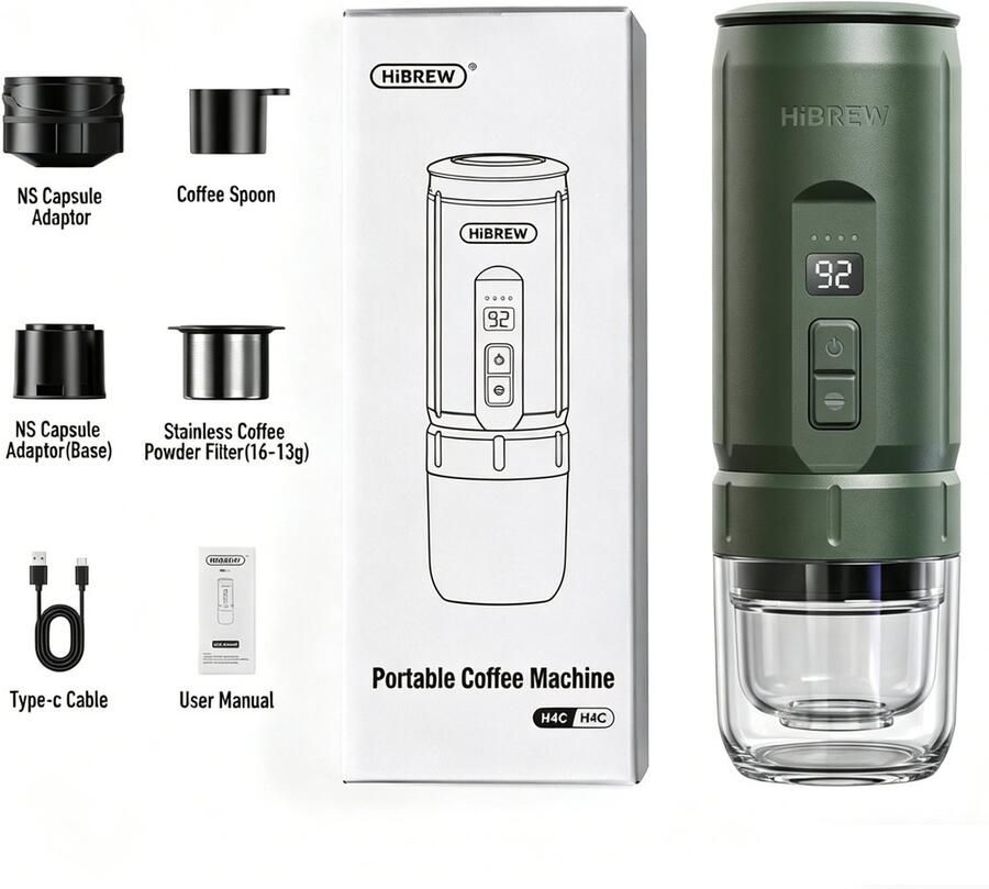 HiBrew Draagbare Elektrische Espressomachine Draagbaar Koffiezetapparaat 7500 mAh batterij 20 bar druk Voor Onderweg Reizen en Camping- 100 ml Espresso Nespresso Dolce Gusto Capsule Koffie Gemalen Koffie groen