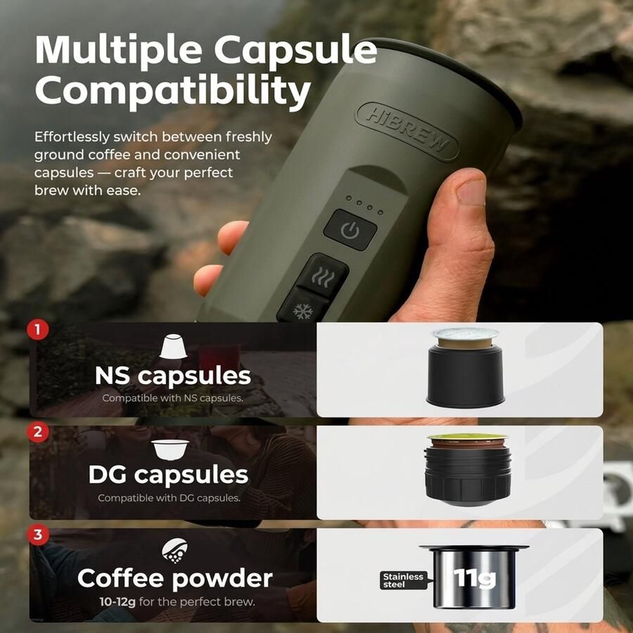 HiBrew Draagbare Elektrische Espressomachine Draagbare Espresso machine voor onderweg 100 ml Mini Reis Espressomachine Mini Koffiemachine – Oplaadbaar 7500mAh – Voor Camping Auto & Reizen